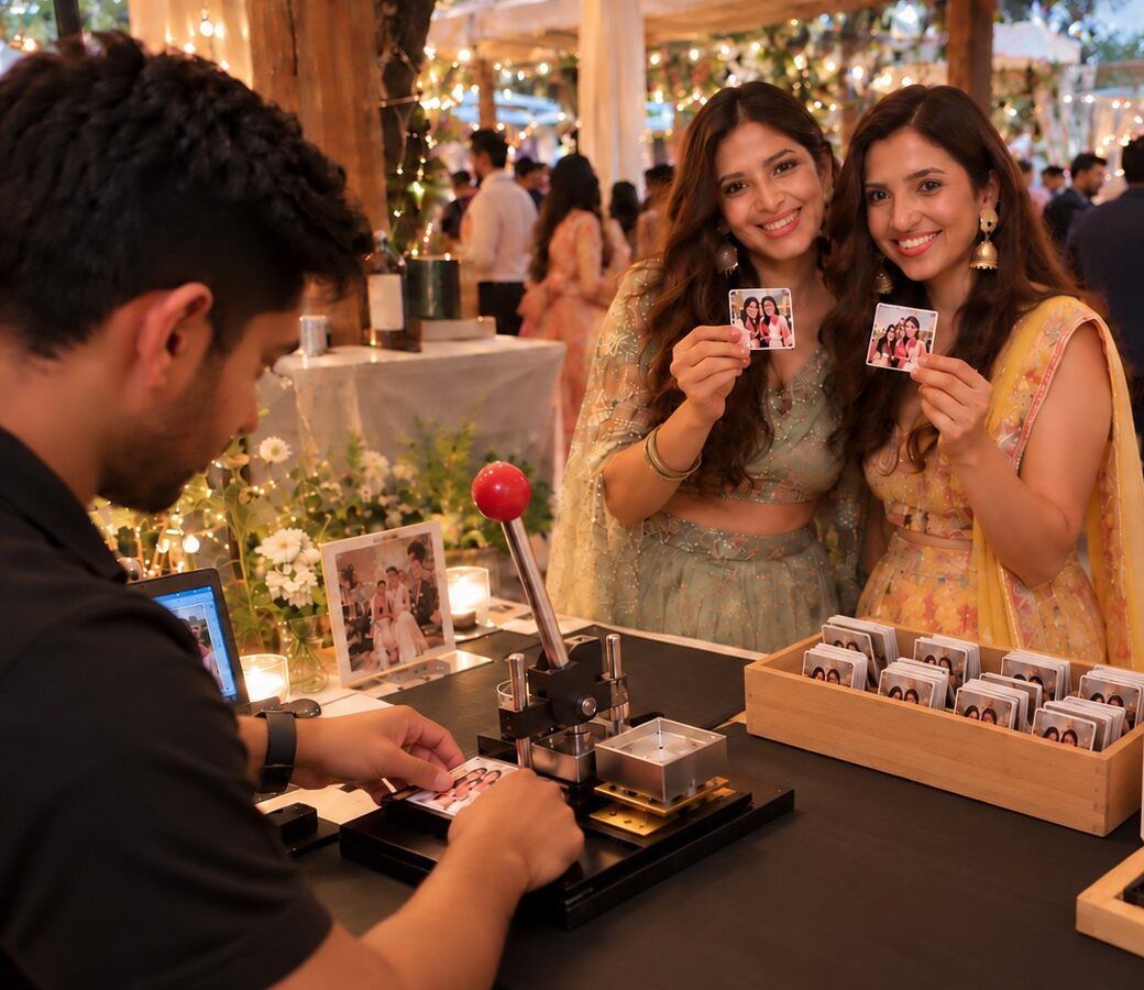 Two guests at an evening wedding smiling and holding the photo keepsakes they just received from a live-print booth